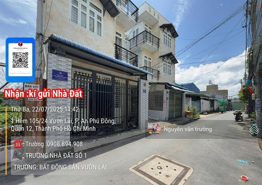 Bán đất hẻm 105 vườn lài đối diện ngân hàng sacombank 12.4mx27m