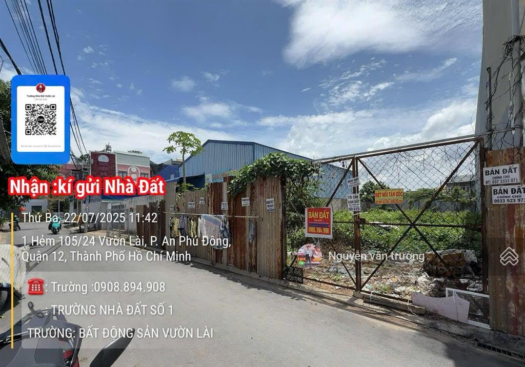 Bán đất hẻm 105 vườn lài đối diện ngân hàng sacombank 12.4mx27m