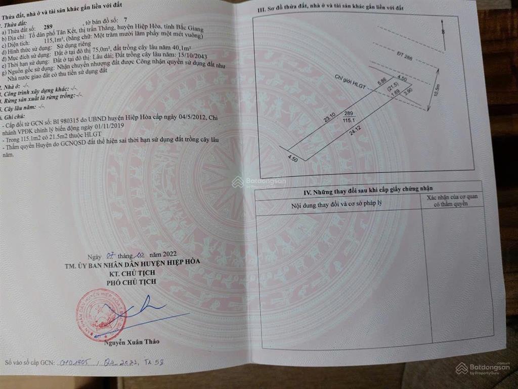 Bán nhanh lô đất đường tl 288  tdp tân kết  hiệp hoà