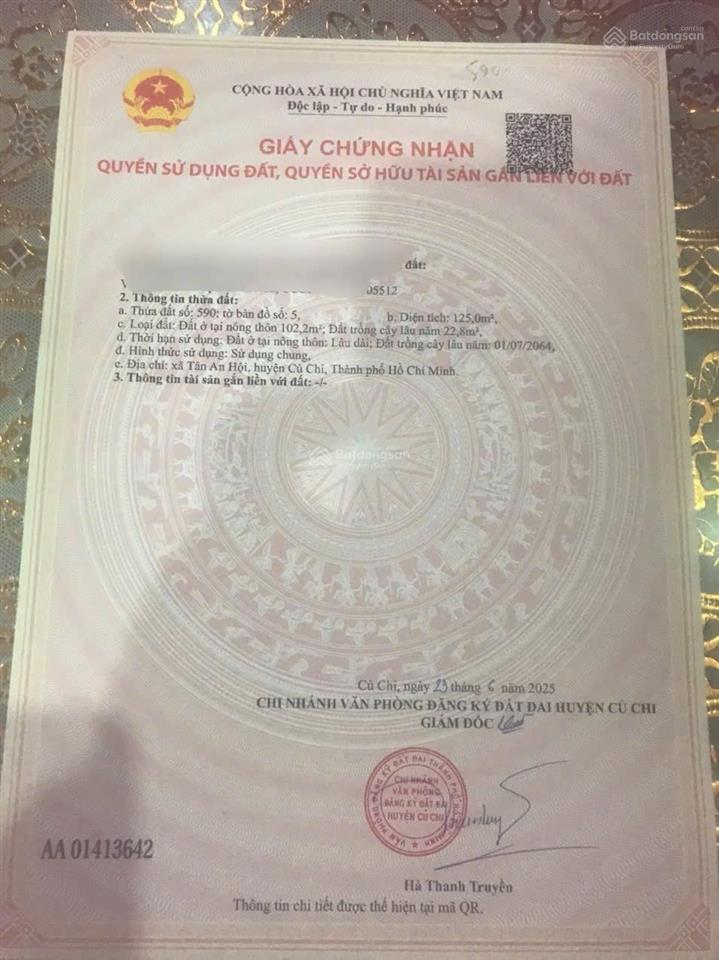 Bán lô đất 125m có 102m thổ cư mặt tiền đường nguyễn văn khạ gần kcn tây bắc tân an hội 1t850