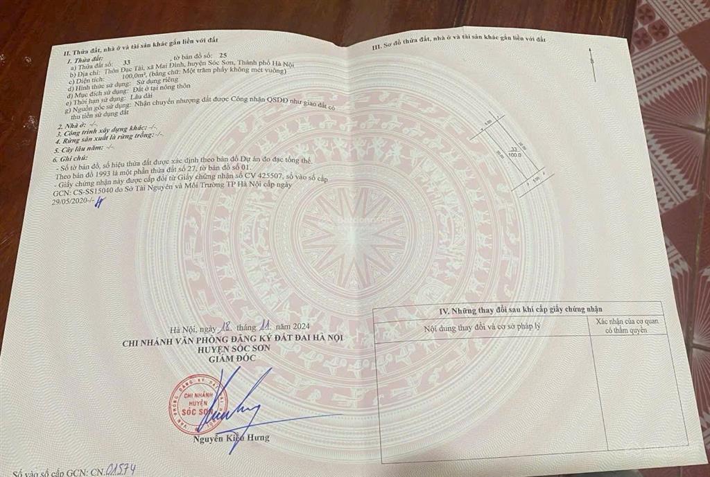 Bán 100 m đất lạc tài mai đình sóc sơn mt5m hâu 5m đường rộng 5 m phun thổ cư chính chủ tên tôi