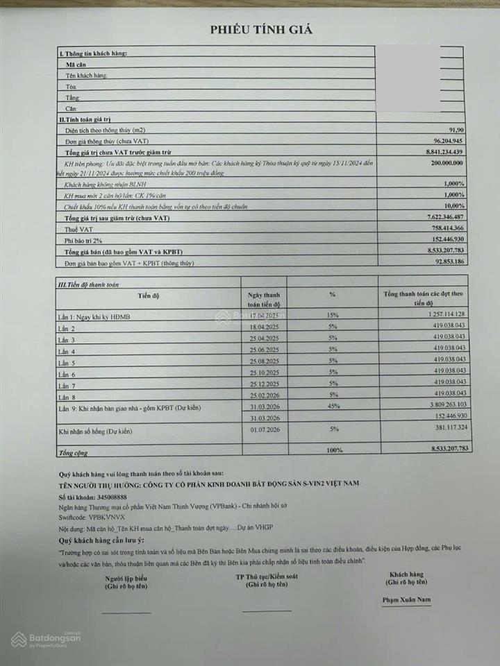 Bán căn hộ 3pn2wc the opus one os1.2x.10 giá gốc 8,5 tỷ thanh toán theo tiến độ