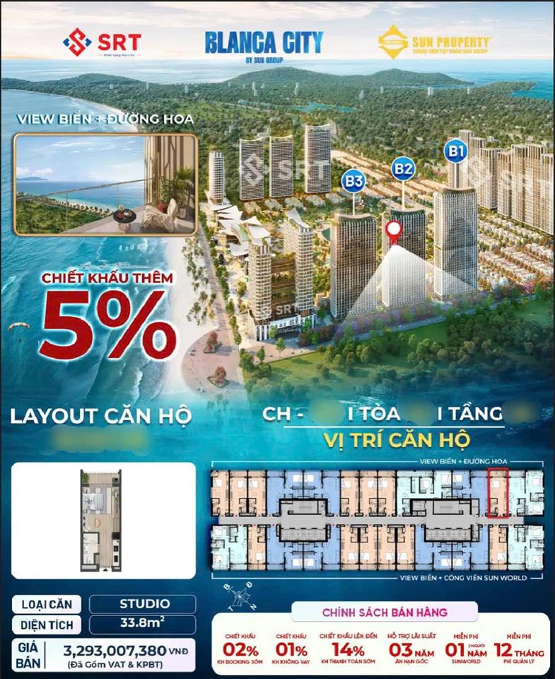 Căn hộ 1pn  45m2, giá 3.861tỷ (giá chủ đầu tư) view sunworld + biển  0973 563 *** em sương