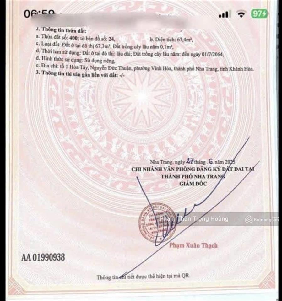 Bán đất mặt tiền nguyễn đức thuận, phường bắc nha trang ( phường vĩnh hoà ) 67,4m2  chỉ 2,52 tỷ