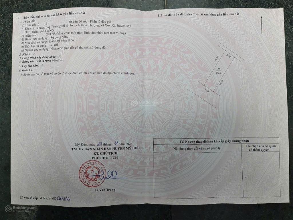 Chính chủ bán lô đất đấu giá khu ao ông thường, thôn thượng, xuy xá, mỹ đức