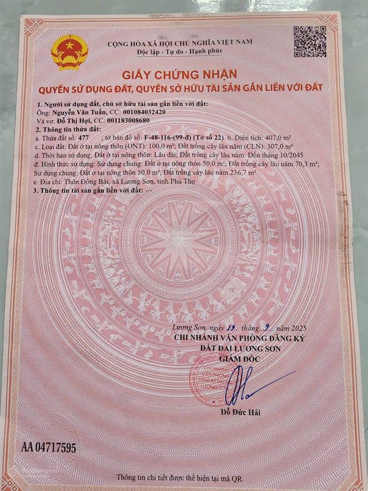 Chính chủ bán lô đất 120m2, 50m2 thổ cư thôn đồng bài, xã lương sơn, phú thọ, nở hậu đẹp