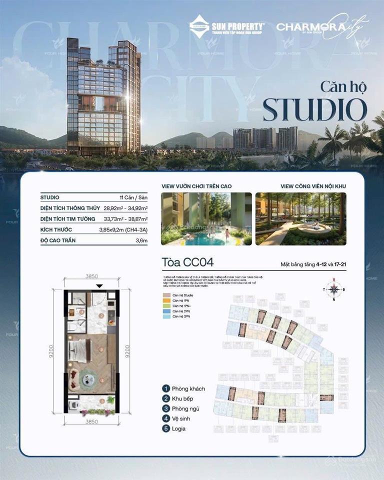 Căn studio c25 view nội khu toà the charm dự kiến 2.1tỷ,căn 1pn 50m giá 2.7tỷ, 2pn giá 3.9 tỷ