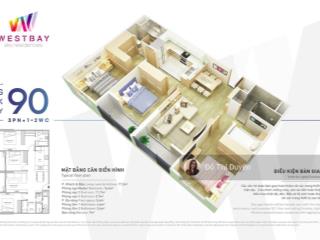 Giá tốt  chỉ 60tr/m2 sở hữu căn 3 ngủ, 90m2 sử dụng  chung cư west bay ecopark