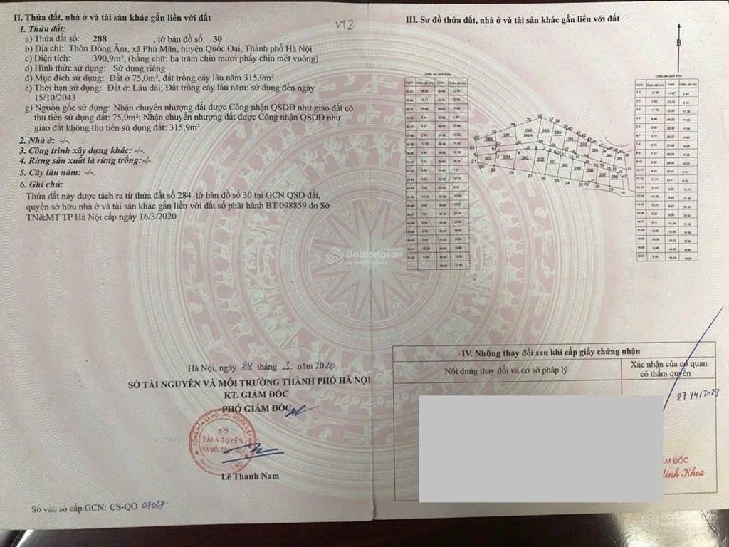 Bán đất tại đường phú mãn, quốc oai, hà nội, 10,5 triệu / m2, 390 m2, hàng hiếm