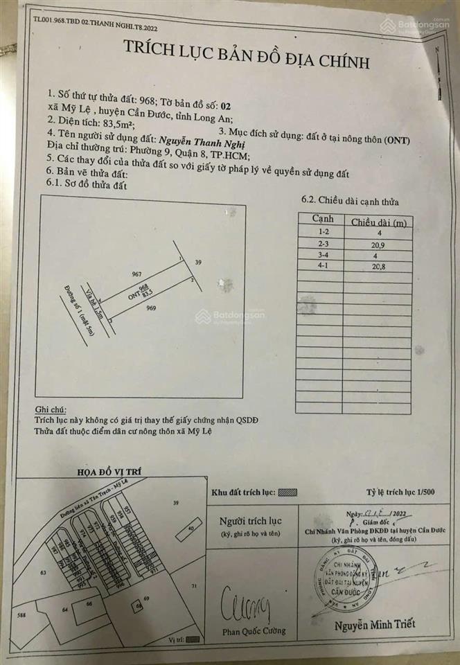 Khu dân cư mỹ lệ sát bên tỉnh lộ 830, 4x20,9m=83,5m2. chính chủ ra gấp 820triệu