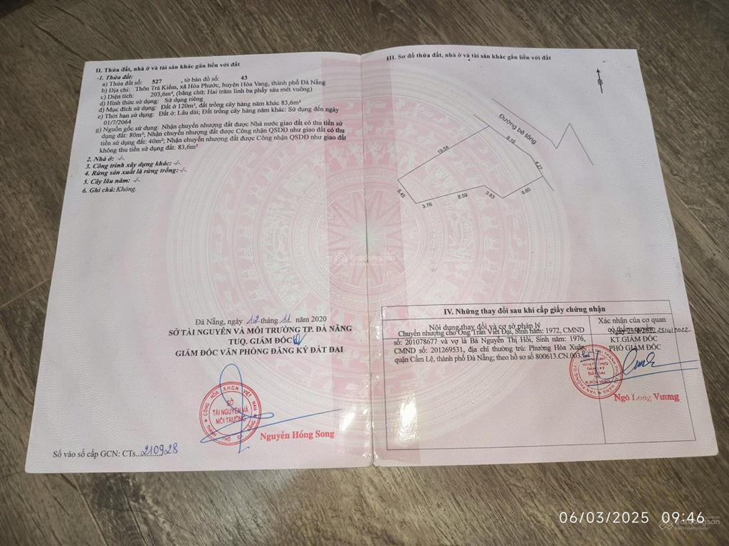 Cần bán lô bê tông 6m trà kiểm hòa phước, dt 204m2