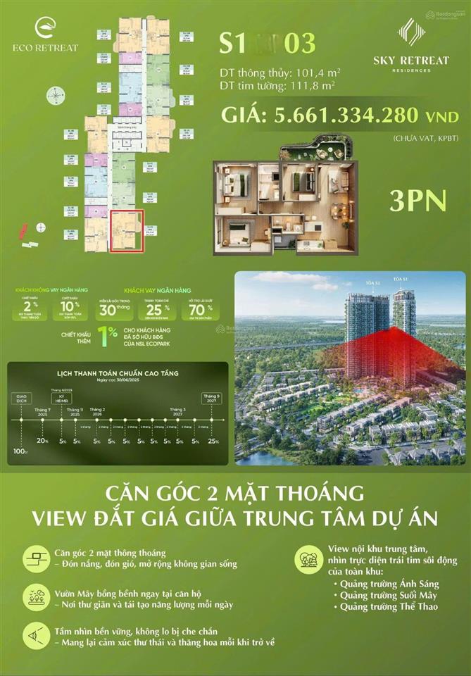 Bán căn góc 3pn có vườn mây 10m2, view ôm trọn hồ thiên nga, biệt thự đảo