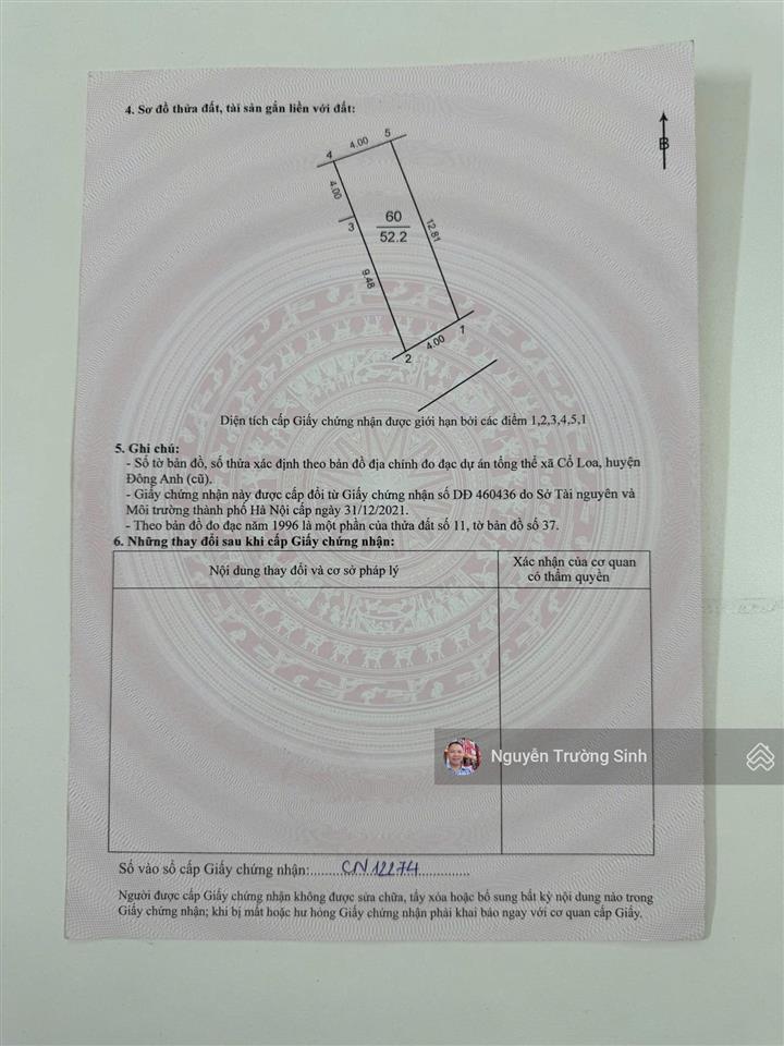 Bán lô đất xóm vang, cổ loa, đông anh ô tô vào tận đất 52m2 chỉ 4,85 tỷ