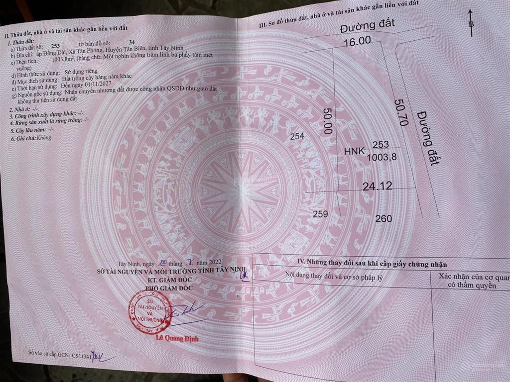 Bán nhanh 1000m2 đất vườn tại tân phong, tân biên, công chứng trong ngày