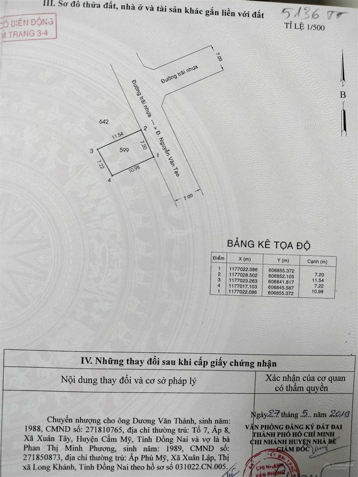 Bán đất thổ cư đã có sổ, xã long thới, huyện nhà bè, 7.2x11.25m, giá 3,2 tỷ