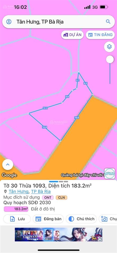 Bán đất hình thổi vàng tại lê trọng tấn, tân hưng, bà rịa, 2.2tỷ, 183.1m2
