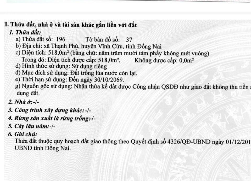 Bán 1386m2 đất sổ hồng riêng ngay khu dân cư lavender thạnh phú vĩnh cửu đồng nai