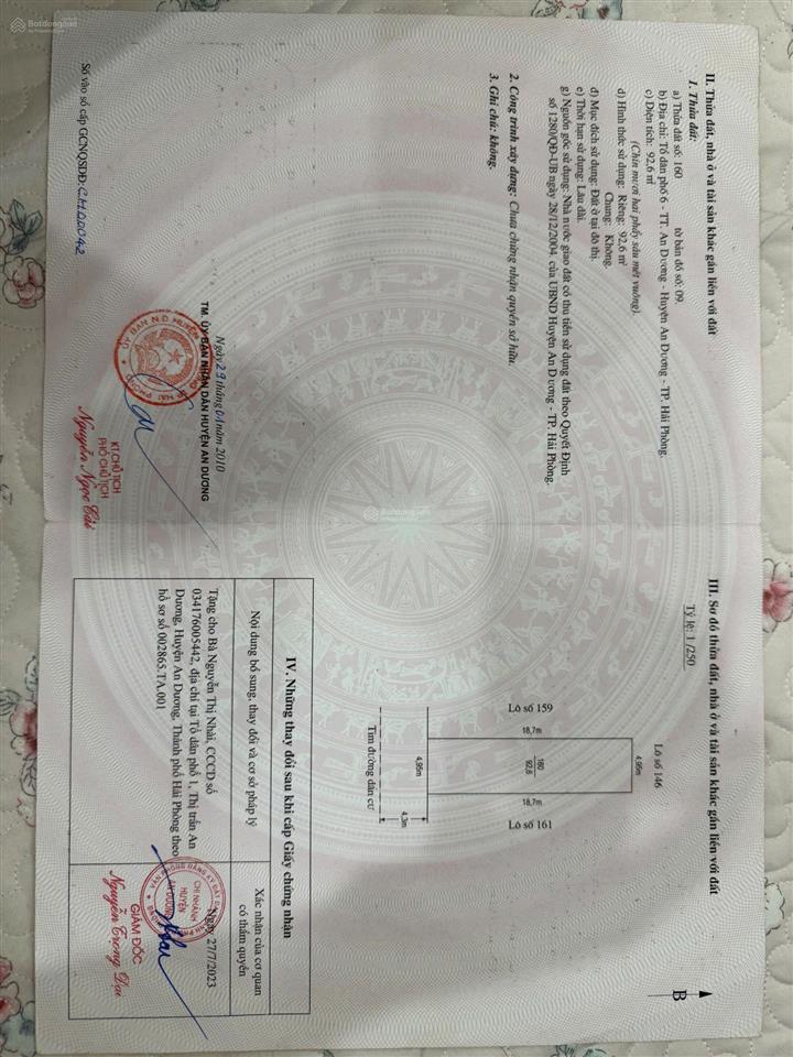 Bán đất 92,6m2 mt 4,95m đường nhựa tổ 6 tt.an dương  giá 3,4 tỷ