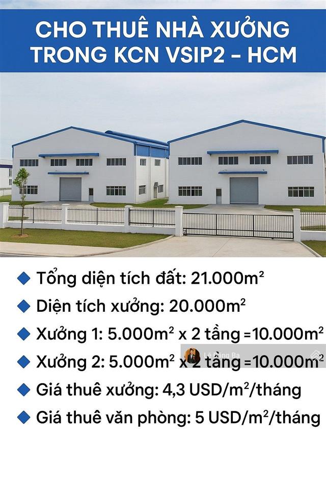 Cho thuê nhà xưởng trong kcn vsip bình dương. xưởng 2t, 5000m2/tầng. giá 112.608,4 đ/m²/th mới 100%