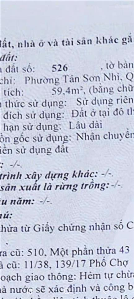 Bán lô đất lọt khe tân sơn nhì dt 4x13m nở hậu 7m có gpxd sẵn