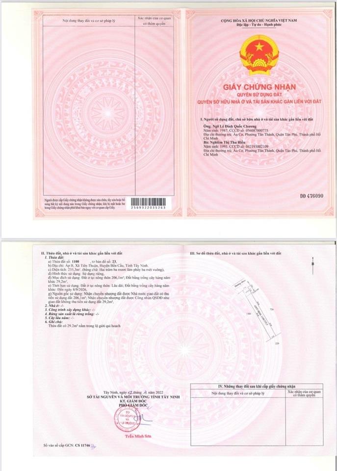 Đất xã tiên thuận, bến cầu, tây ninh, mt 10m nhựa, 990 tr  235 m2 thổ cư