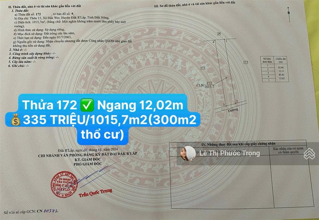 Đất thổ cư sẵn vườn 335 triệu thôn 15 đắk wer nay là xã nhân cơ tỉnh lâm đồng 0938 609 ***