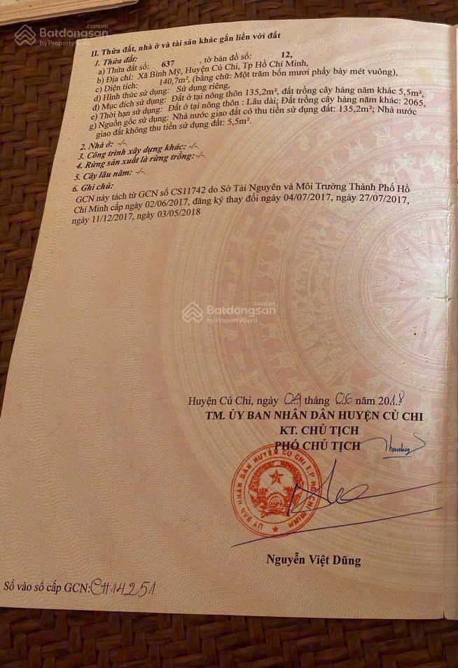 Đất thổ cư xây dựng hoàn công mặt tiền rạch bình mỹ củ chi