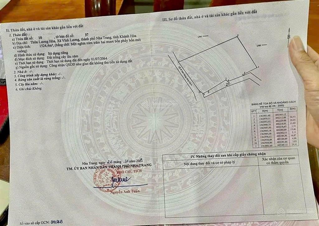 Bán đất vườn tại thôn lương hoà, xã vĩnh lương, nha trang. dt 1524m2 ngang 33m. sổ hồng. giá 4,5tỷ