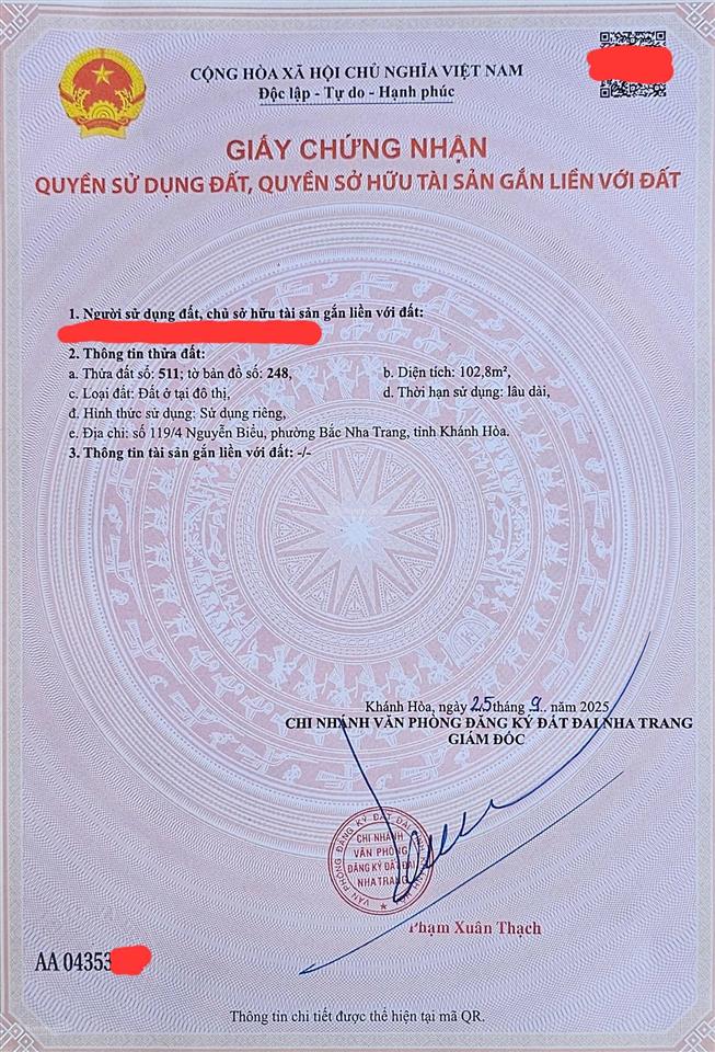 Bán đất hẻm nguyễn biểu, vĩnh hải, nha trang gần biển. dt 102,8m2. hướng tây. sổ hồng. giá 65tr/m2