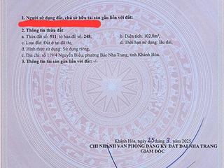 Bán đất hẻm nguyễn biểu, vĩnh hải, nha trang gần biển. dt 102,8m2. hướng tây. sổ hồng. giá 65tr/m2