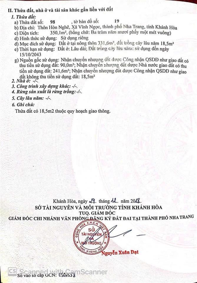 Bán đất đường mai thị dõng, vĩnh ngọc, nha trang. dt 350m2. ngang 8,5m. sổ hồng thổ cư. giá 26tr/m2