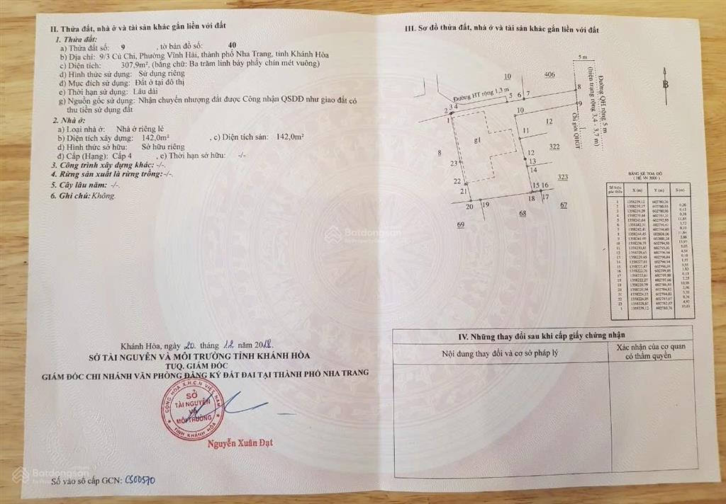 Bán đất hẻm củ chi, vĩnh hải, nha trang. dt 307,8m2, ngang 20m. sổ hồng thổ cư 100%. giá 14 tỷ