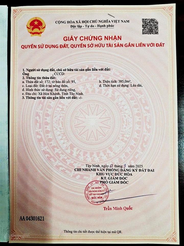 Bán 385m2 thổ cư tại xã hoà khánh, đức hòa cách vinhome 1.5km giá 2,5 tỷ tl