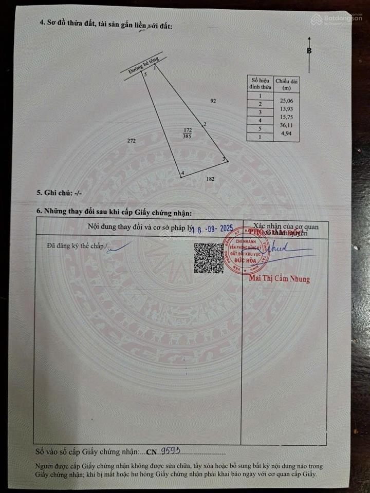 Bán 385m2 thổ cư tại xã hoà khánh, đức hòa cách vinhome 1.5km giá 2,5 tỷ tl