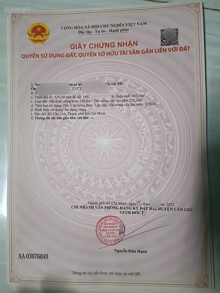 Bán đất xã cần giờ mặt tiền đường chính mặt tiền đường chính nguyễn văn mạnh, cần giờ