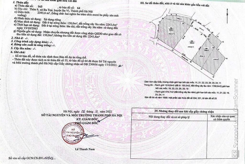 Chính chủ cần tiền bán gấp thửa đất 2394m2 full bìa có thổ cư ở thôn 9 xã ba trại, giá chỉ 4,xtr/m2