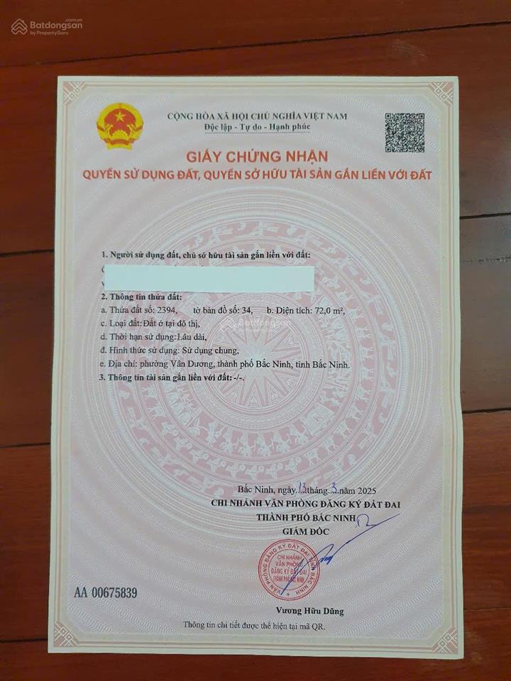 (chính chủ) bán đất đằng sau kcn quế võ, 5,7 tỷ, 72m2, vân dương, bắc ninh