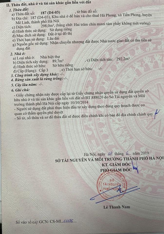 Chính chủ bán gấp căn biệt thự 298 m2 sang trọng sẵn ở tại kđt hà phong  mê linh, sẵn ở ,