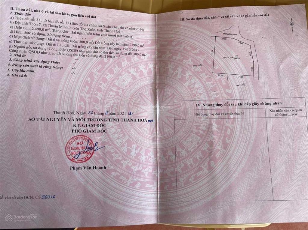 Cần bán gấp lô đất 2490m2, 300m2 đất ở, 2 mặt tiền tại xã thuận minh, thọ xuân  0866 797 ***