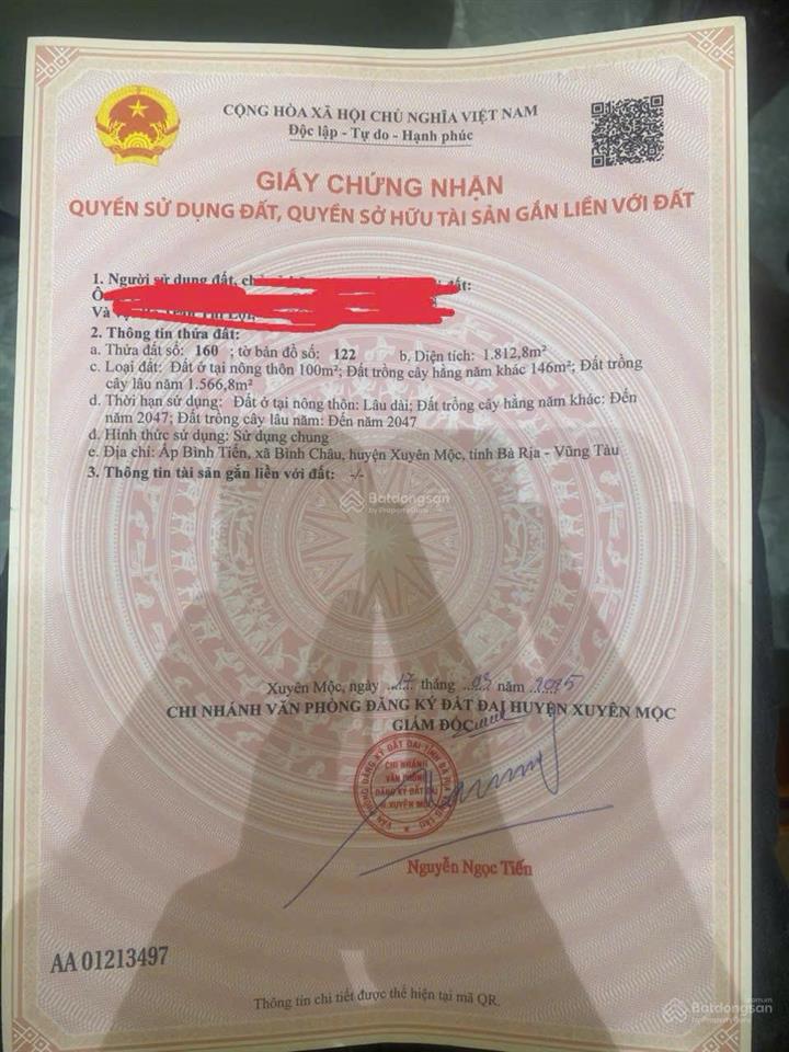 Chính chủ cần bán lô đất mt ql55, bình châu, dt 1812m2, 100m2 thổ, mặt tiền 18m.  0866 797 ***