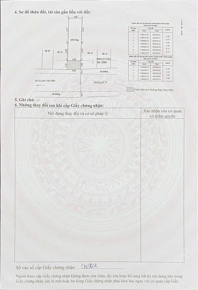 Bán lô đất mặt tiền đường số lâm văn bền, quận 7  5x20m  gpxd 6 tầng  giá 14,8 tỷ tl trực tiếp