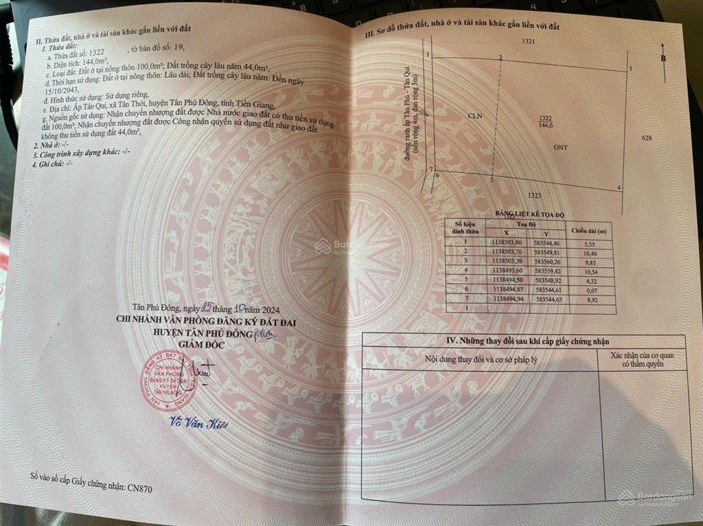 Đất vườn dừa 144m2 (100m2 thổ cư) chỉ 250tr. cách tphcm 75km, cách đường nhựa chỉ 80m