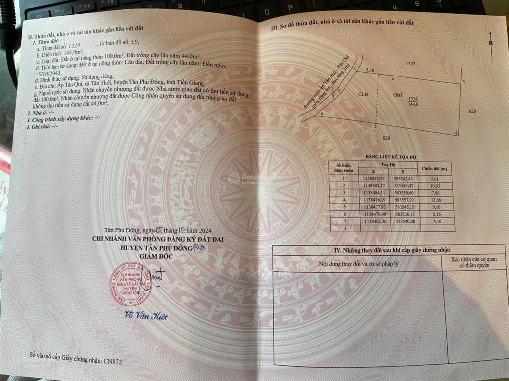 Đất vườn dừa 144m2 (100m2 thổ cư) chỉ 250tr. cách tphcm 75km, cách đường nhựa chỉ 80m