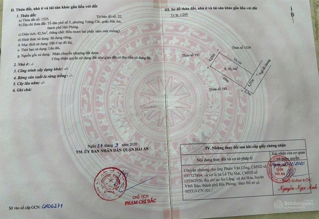 Bán đất ngõ 62 cát khê tràng cát dt 42,5m2 ngõ rộng 2,5m giá chỉ 1 tỷ250tr