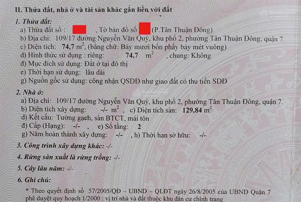 Nhà riêng 4pn + 2wc (đất 74.7m2, sàn 150m2) tại hẻm 109/ nguyễn văn quỳ, q7