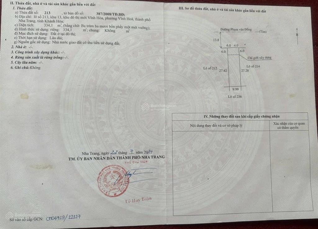 Lô đất đường phạm văn đồng vĩnh hoà nha trang. xây dựng được 16 tầng  giá 72 triệu/m2