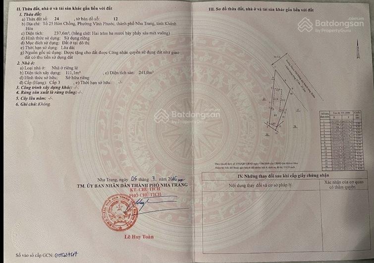 Lô đất nhìn trực diện biển hòn chồng, vĩnh phước, nha trang  237,6m2 ngang 10m  giá 220 tr/m2