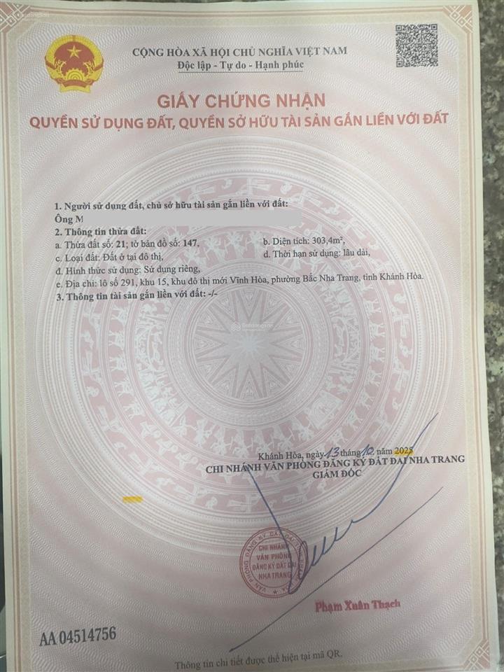 Bán lô biệt thự đường xuân thuỷ, kđt vĩnh hoà, nha trang  303,4m2 ngang 10m  giá chỉ 59 triệu/m2