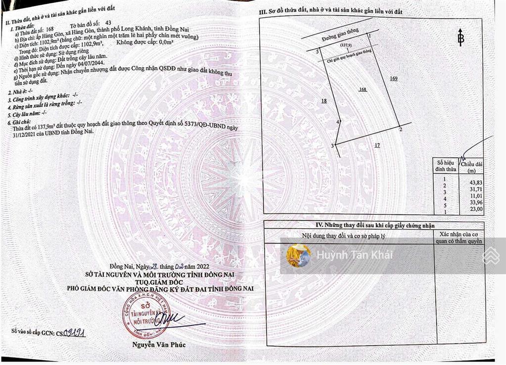 Chủ cắt lỗ 300tr cần bán lô đất hàng gòn 1.103m2 giá rẻ nhất tp long khánh giá 1.25 tỷ