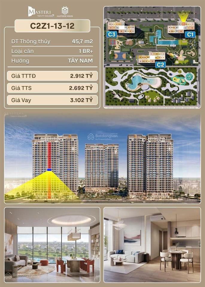 Căn hộ 1n+ 45,7m2 masteri trinity square giá rẻ nhất thị trường hỗ trợ vay đến 70%
